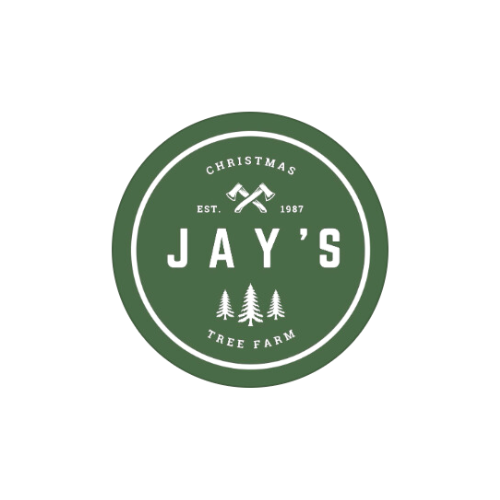 Green circular logo for Jay's Tree Farm, established in 1987, with Christmas theme, featuring crossed axes and three pine trees.