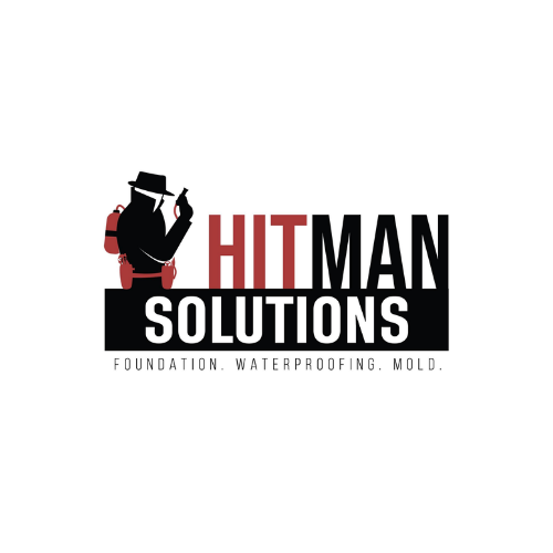 Logo for Hitman Solutions featuring a silhouette of a man in black with a red backpack, wearing a black hat, holding a magnifying glass, with text 'HIT MAN SOLUTIONS' and a tagline 'Foundation. Waterproofing. Mold.'
