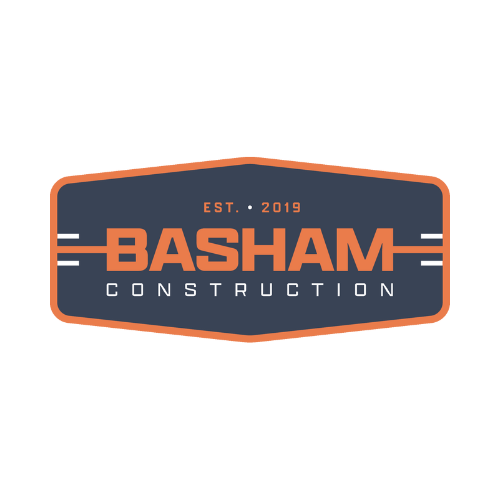 Logo for Basham Construction with the text 'EST. 2019' and a dark navy background with orange and white accents