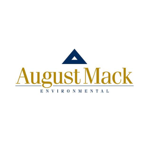 Logo for August Mack Environmental featuring a stylized blue triangular symbol above the company name in gold, with 'ENVIRONMENTAL' written underneath in blue.