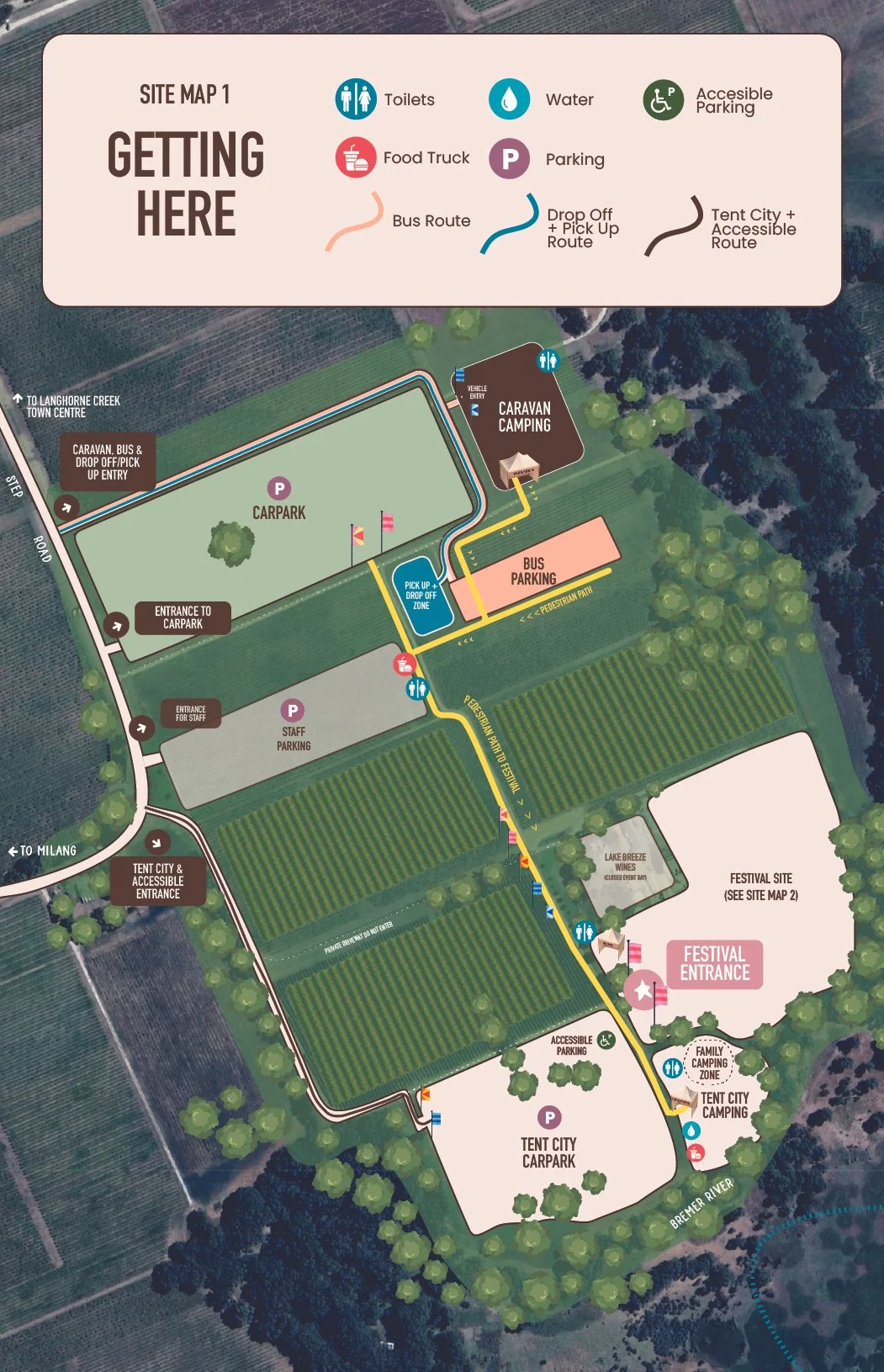 Handpicked 2026 Getting Here site map showing the drop off and pick up zone