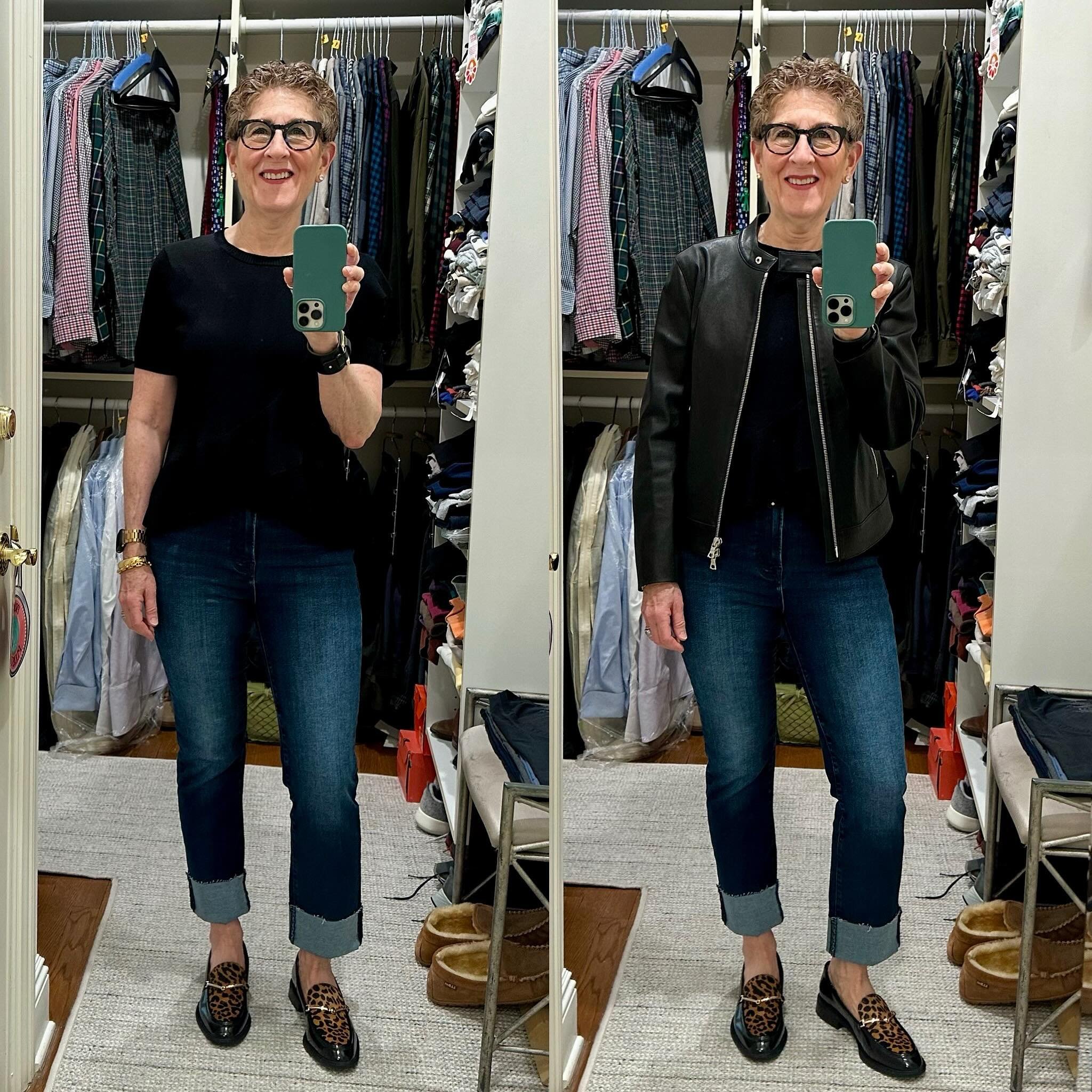 I&rsquo;m feeling very French today, in my black and denim look. Showing you the indoors version + the outdoors one&mdash;where I added a black leather jacket. 
French style is simple, classic, well cut, and with small but impactful details. Somethin