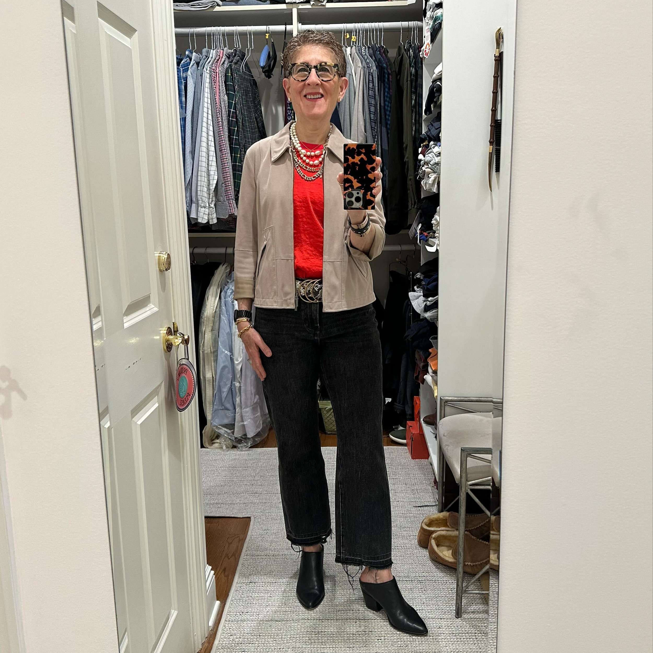 I love black, red and camel as a color palette but I never wear that combo because I never have red in my closet. Until now! The new tomato-red CABI Complete Top from this season is such a bright and happy color. It looks great on all skin tones. And