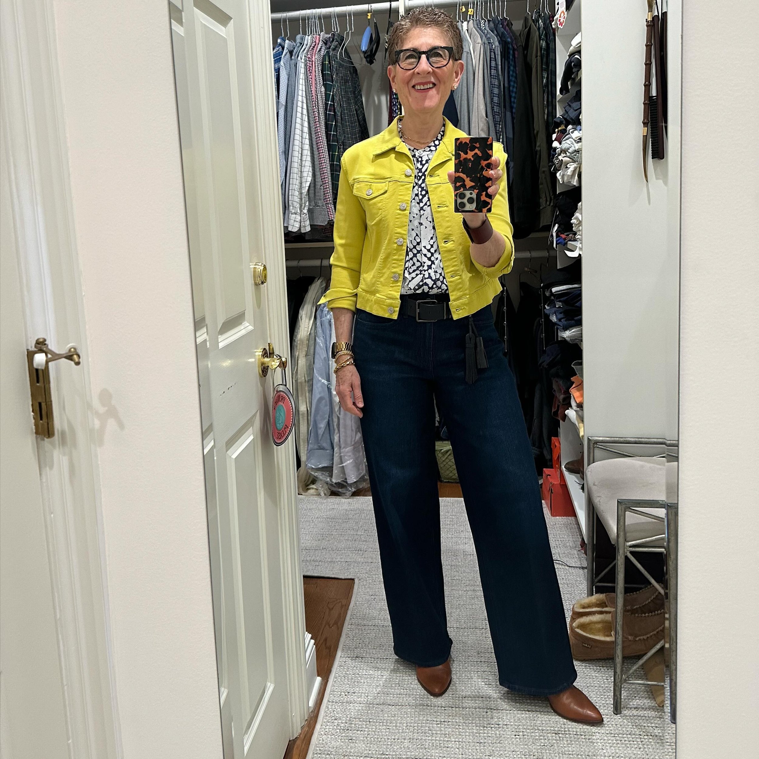 I began to build this look on a palette of just navy blue and white. But the weather here is dreary today and I felt like I needed a pop of bright. SO&hellip;I pulled out a citrus green denim jacket from my closet and ditched the white zippy jacket I