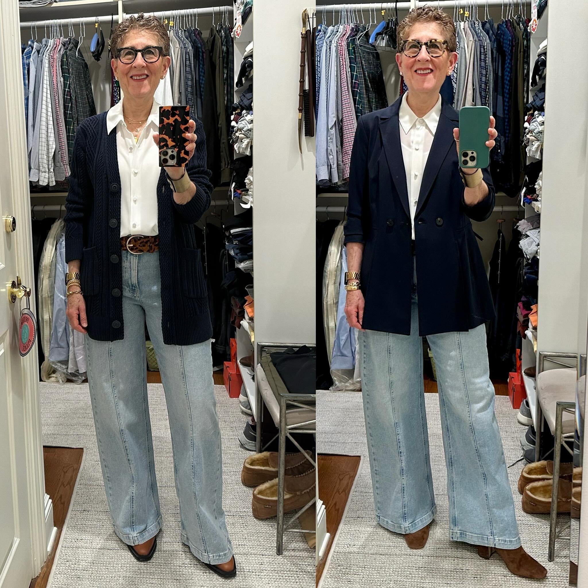 Today, I amended a look I&rsquo;ve already posted in order to make it a bit more casual. Here are both versions so you can see the change that small edits can make. First of all, I&rsquo;m wearing the same jeans and blouse in both looks. But today, I
