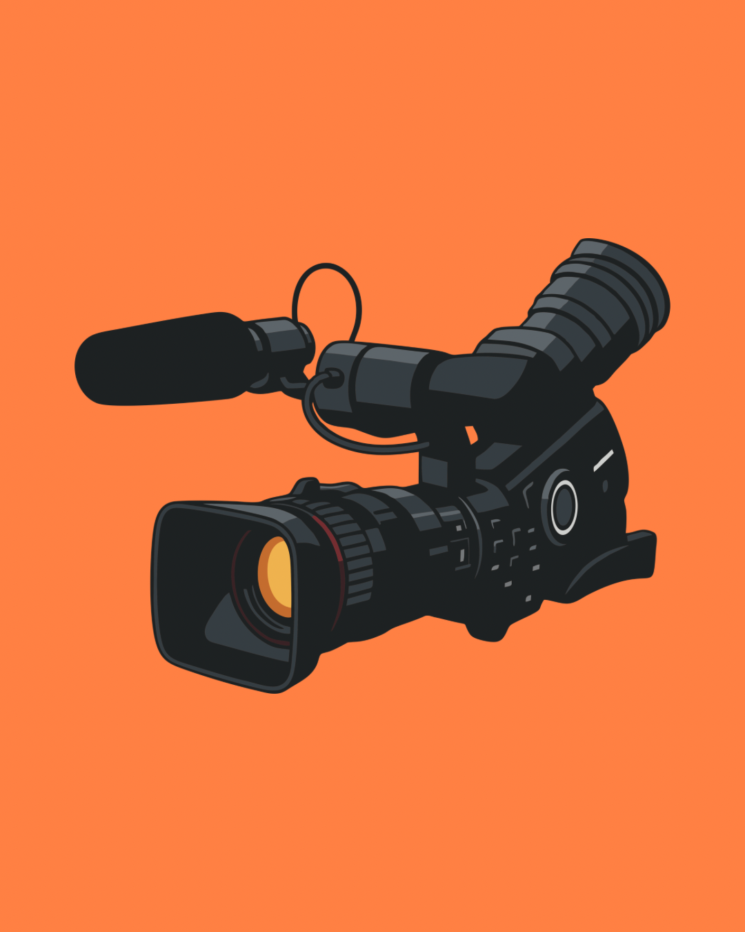 Digital illustration of a professional video camera with a large lens, microphone, and viewfinder on an orange background.