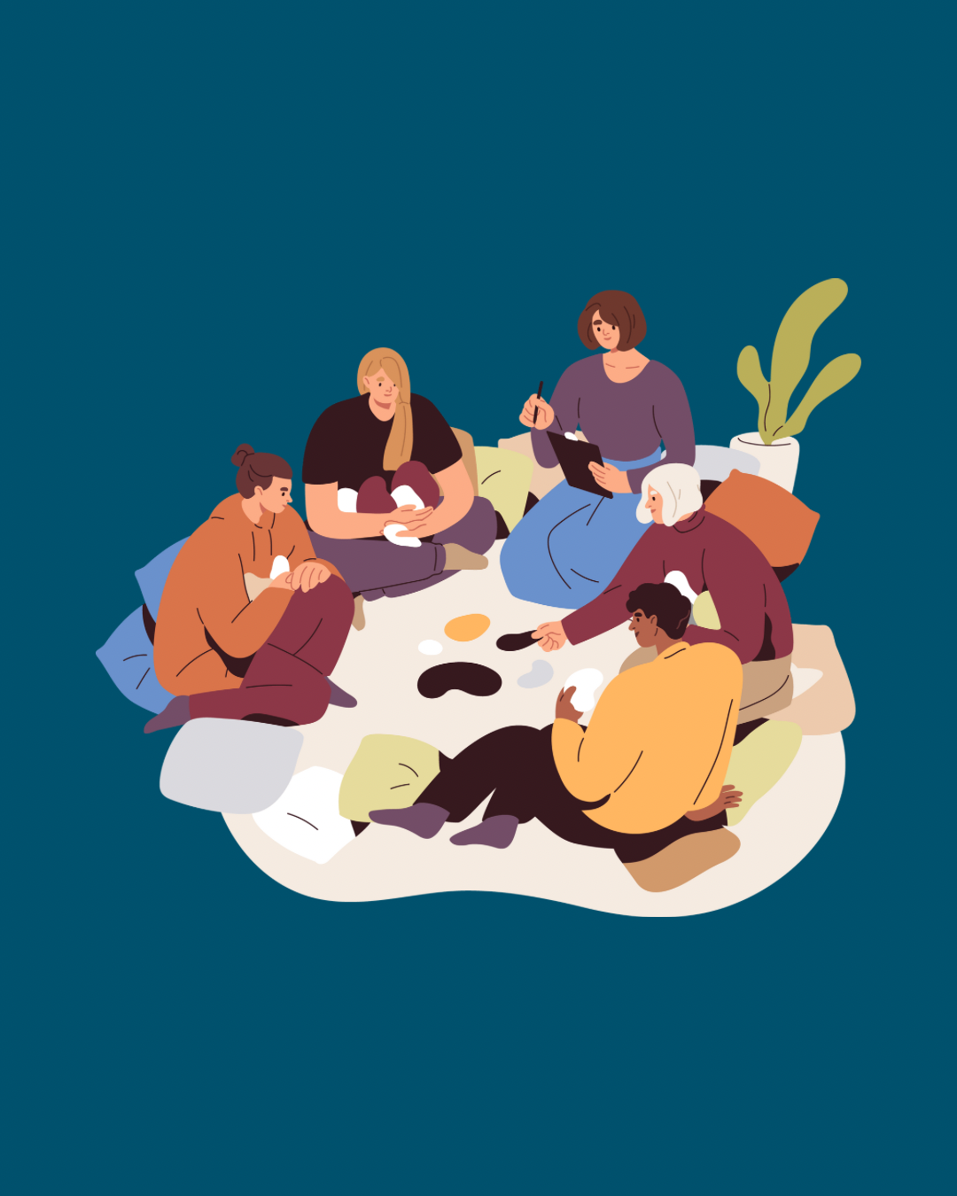 Illustration of five people sitting in a circle on the floor, engaged in a discussion, with a potted plant in the background.