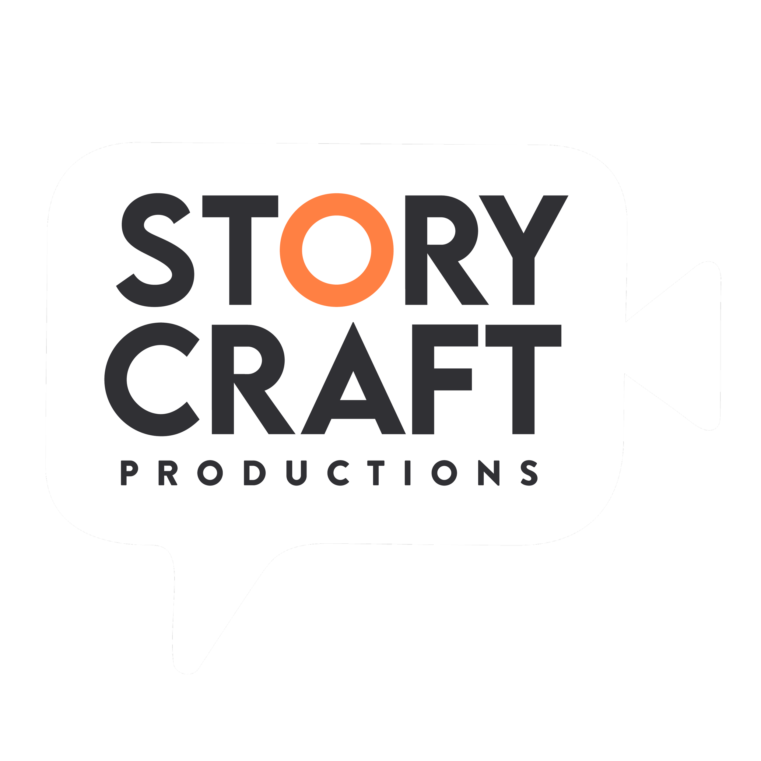 Logo of StoryCraft Productions featuring a white speech bubble with black text and an orange 'O', shaped like a video camera outline.