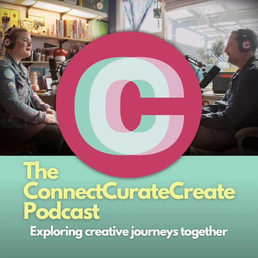 Two people sitting across from each other in a podcast studio, with microphones and headphones, engaged in conversation. A large pink and white circular logo with a 'C' in the center overlays the image. The background shows shelves with books and decorative items, and windows with curtains revealing outdoor scenery.