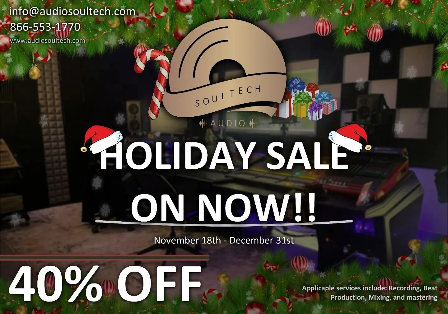 🎄❗HOLIDAY SALE ANNOUNCEMENT ❗🎄

If you're a musician or media creator we've got good news for you. 🫵

This holiday season get 40% OFF on professional audio services from November 18th to December 31st. 🎅

To take advantage of this sale, make cont