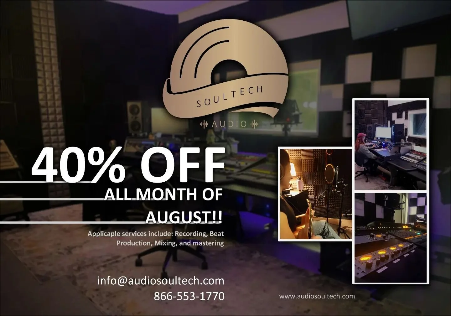 ❗DEAL OF THE MONTH❗
Save 40% off our most popular services. 

Recording, Beat Production, Mixing, and Mastering for the whole month of August!!

If that doesn't absolutely knock your socks off I don't know what will. 

So click that contact button ri