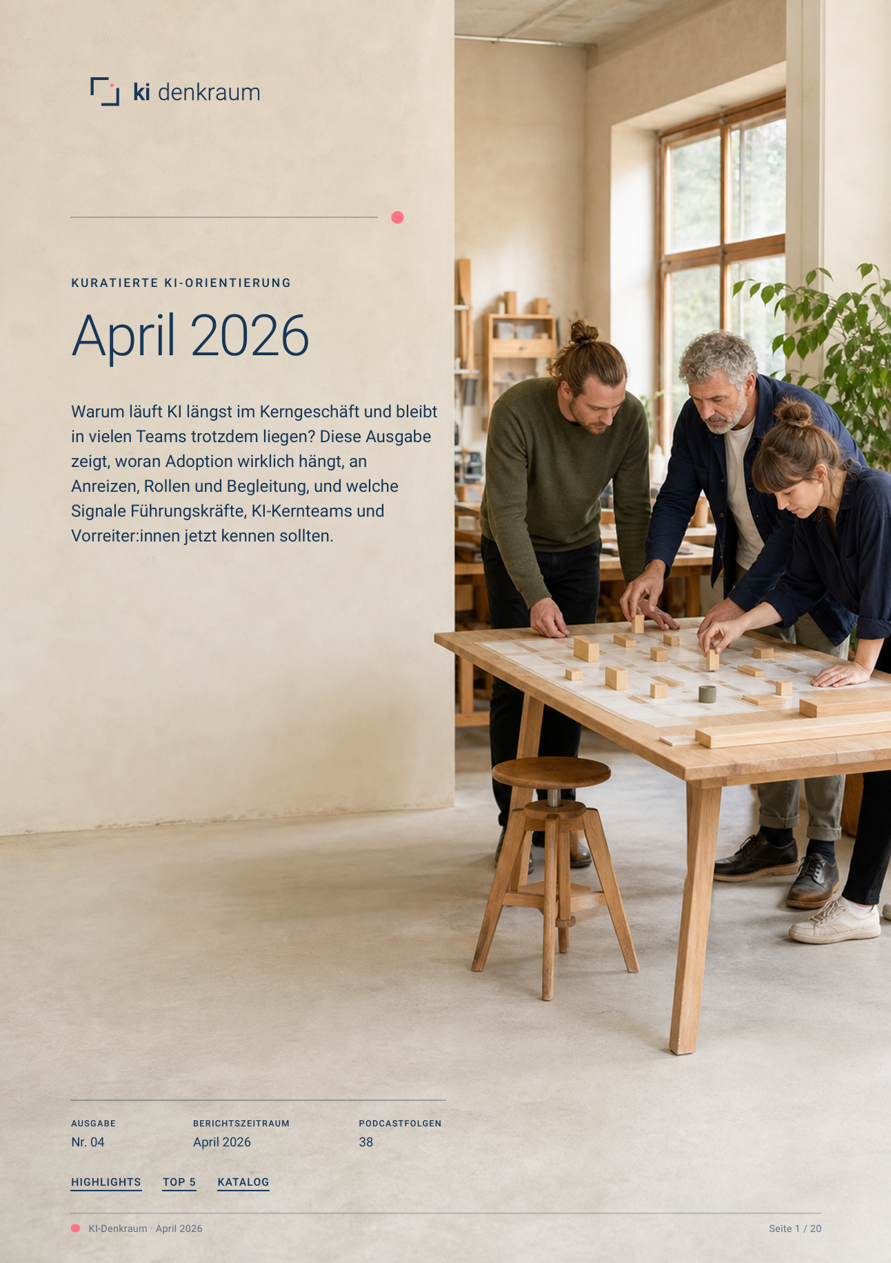 Der KI-Denkraum in der April-Ausgabe 2026. Hier siehst Ausschnitte des PDF- und Markdown-Dokuments.