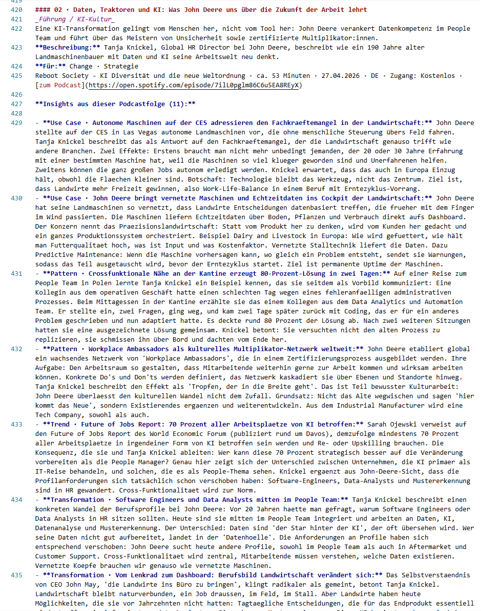 Zusätzlich zum PDF-Inhalt ist im Markdown-Dokument jede Podcastfolge des Katalogs mit exklusiven "Insights" zu Use Case, Transformations- und Leadership-Mustern verfügbar.