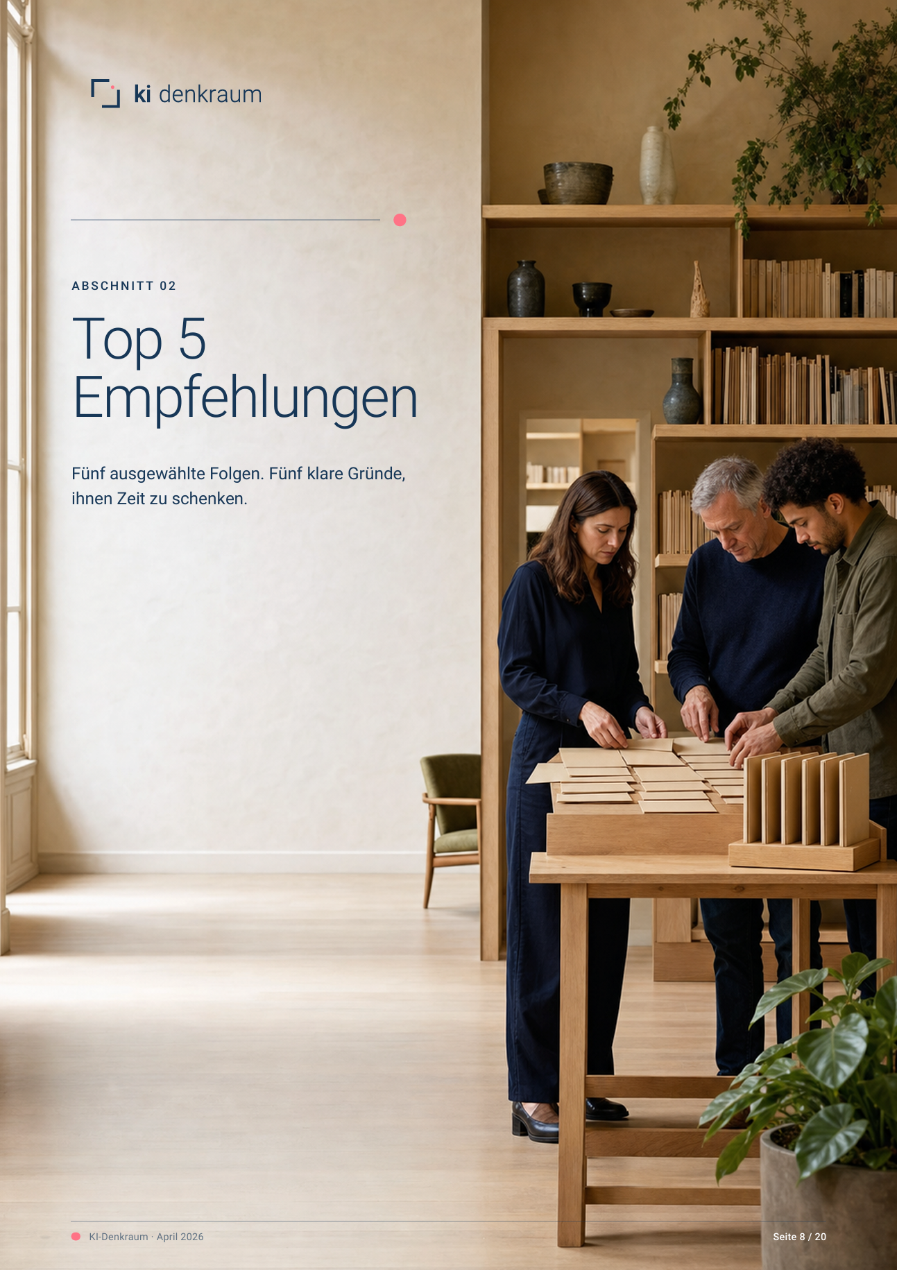 Die "Top 5 Empfehlungen" beschreiben die fünf Gespräche des Monats detaillierter, die von unserer Redaktion empfohlen wird.