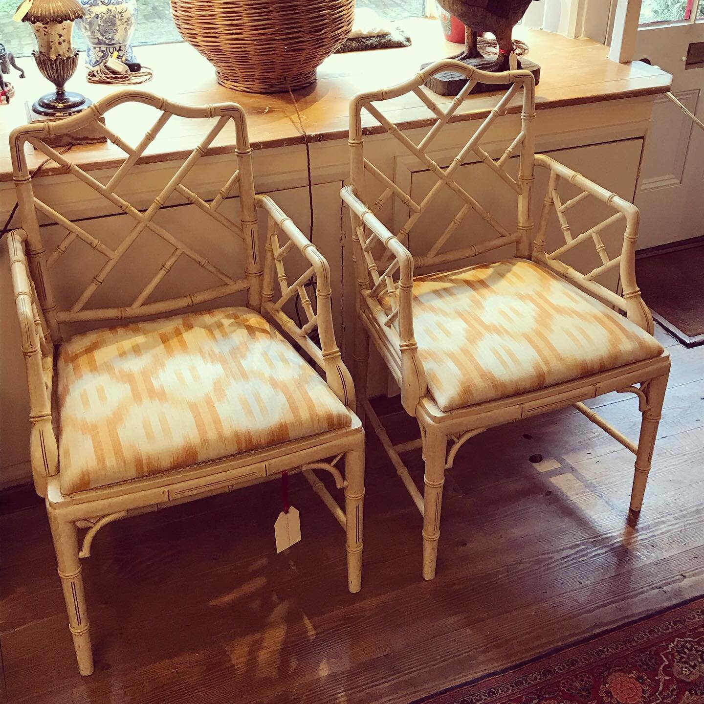 Super pair of faux bamboo cockpen chairs @timothylangstonpetworth with Pierre Frey seats #chicantiques