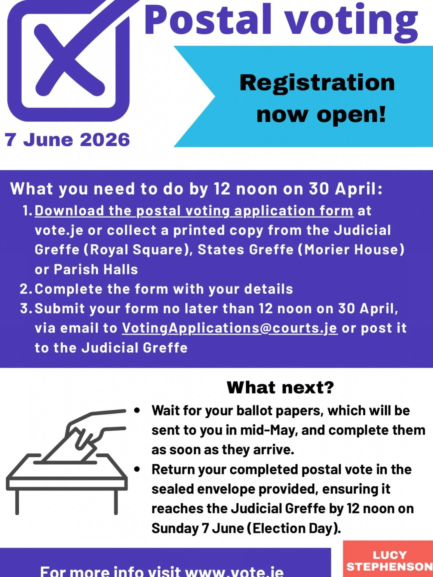 Postal voting is one of three ways you can vote in this year&rsquo;s Jersey General Election, and it&rsquo;s open to anyone - you don&rsquo;t have to be out of the island on election day to postal vote or have any other reason than that you want to! 