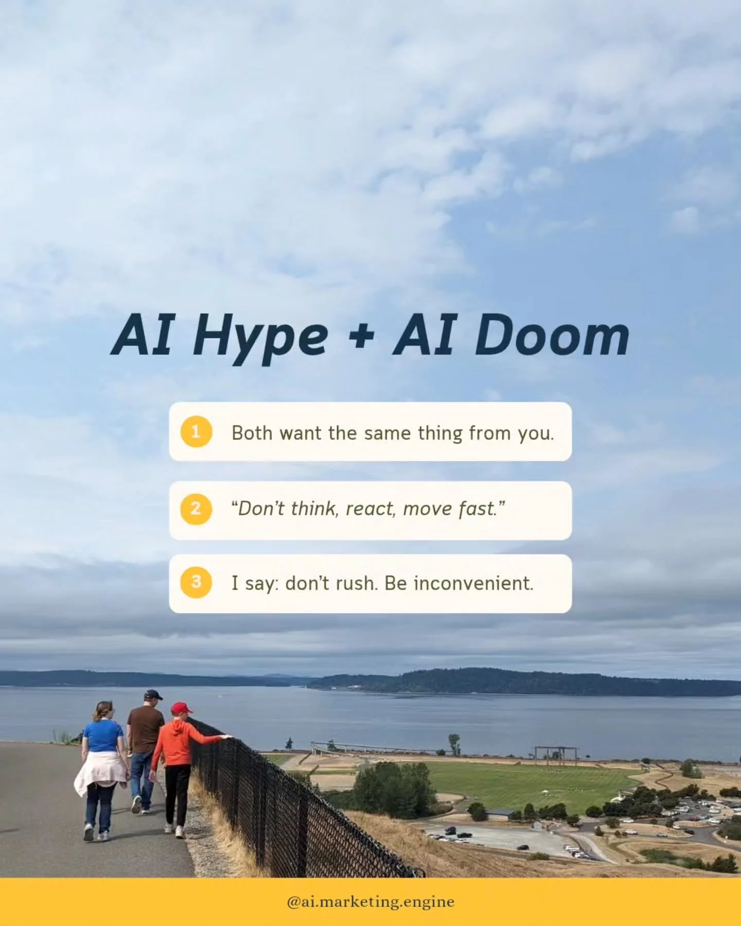 The AI hype and the AI doom are opposites aimed at the same outcome: get you dysregulated so you'll have a knee-jerk reaction.

One side wants you signing up for a tool ASAP because you're either awed or feeling FOMO. The other wants you swearing off
