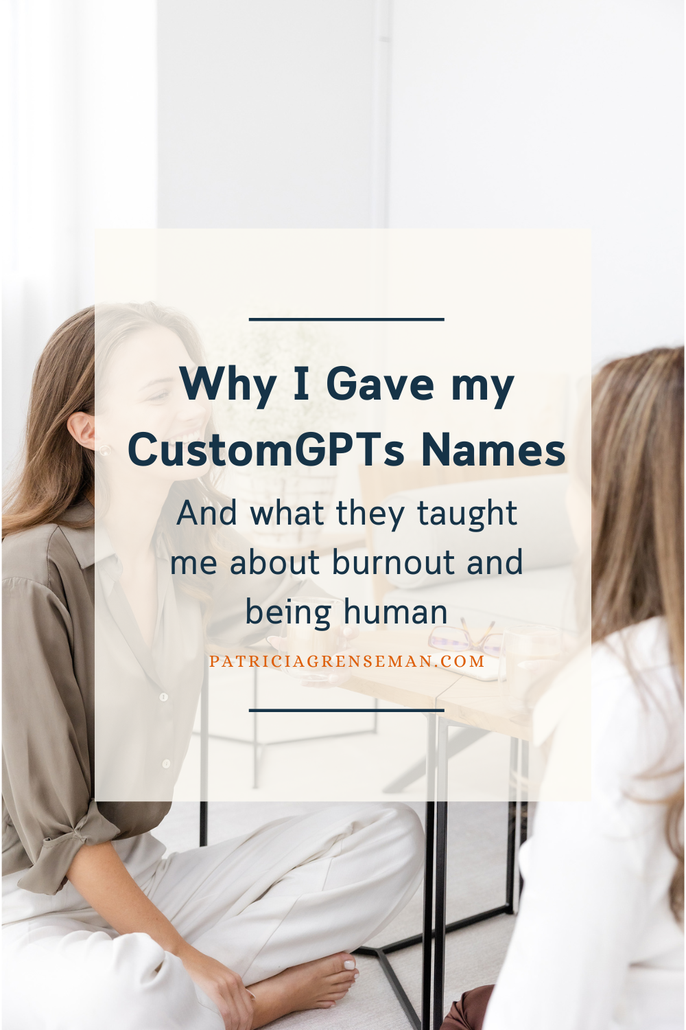 Illustration of two people collaborating at a desk, representing the supportive partnership between a business owner and their named CustomGPT assistant. Blog title “Why I Gave My CustomGPTs Names” overlaid on image.
