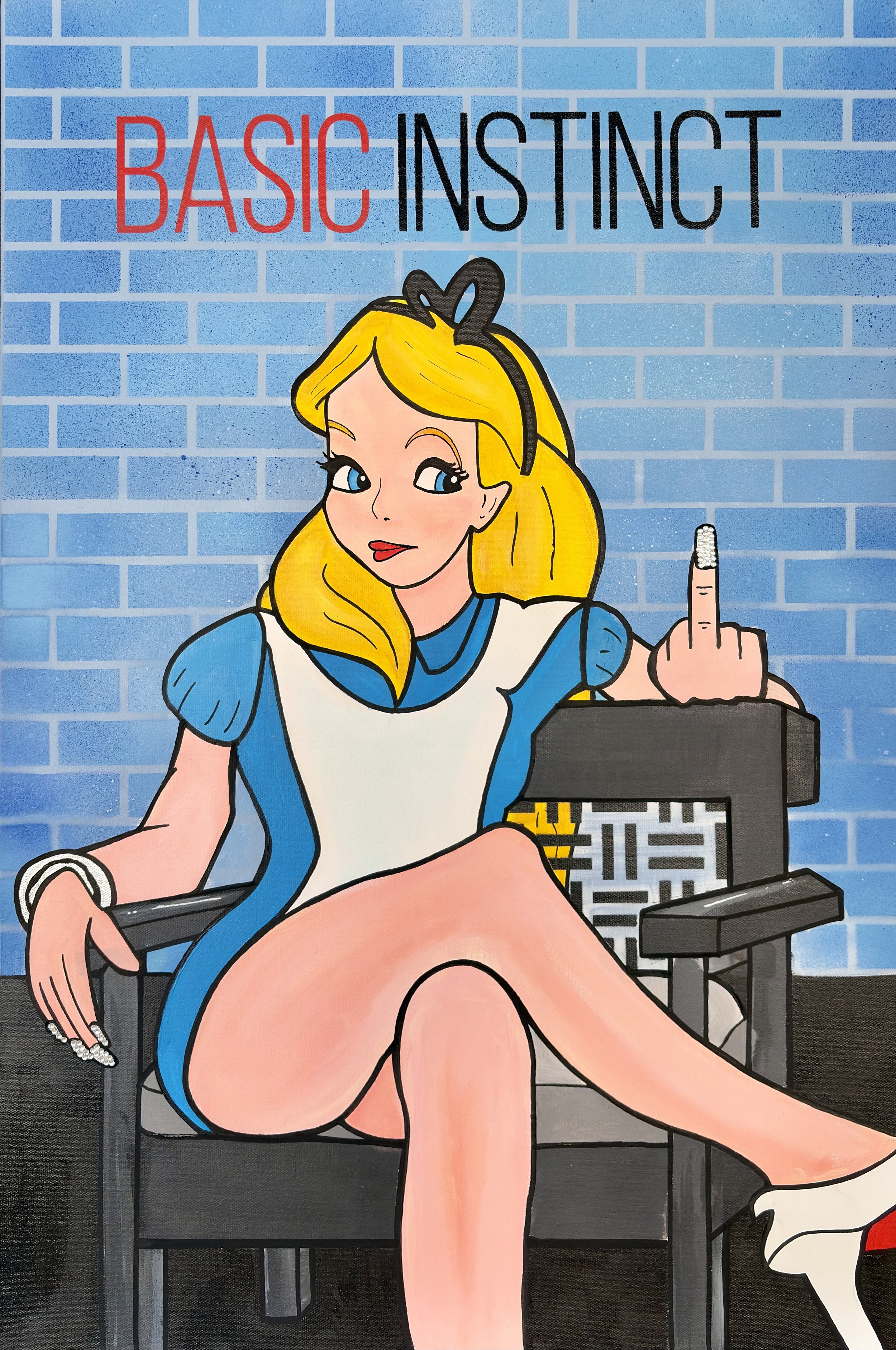 Basic Instinct movie parody pop art painting featuring cartoon character seated in iconic film scene