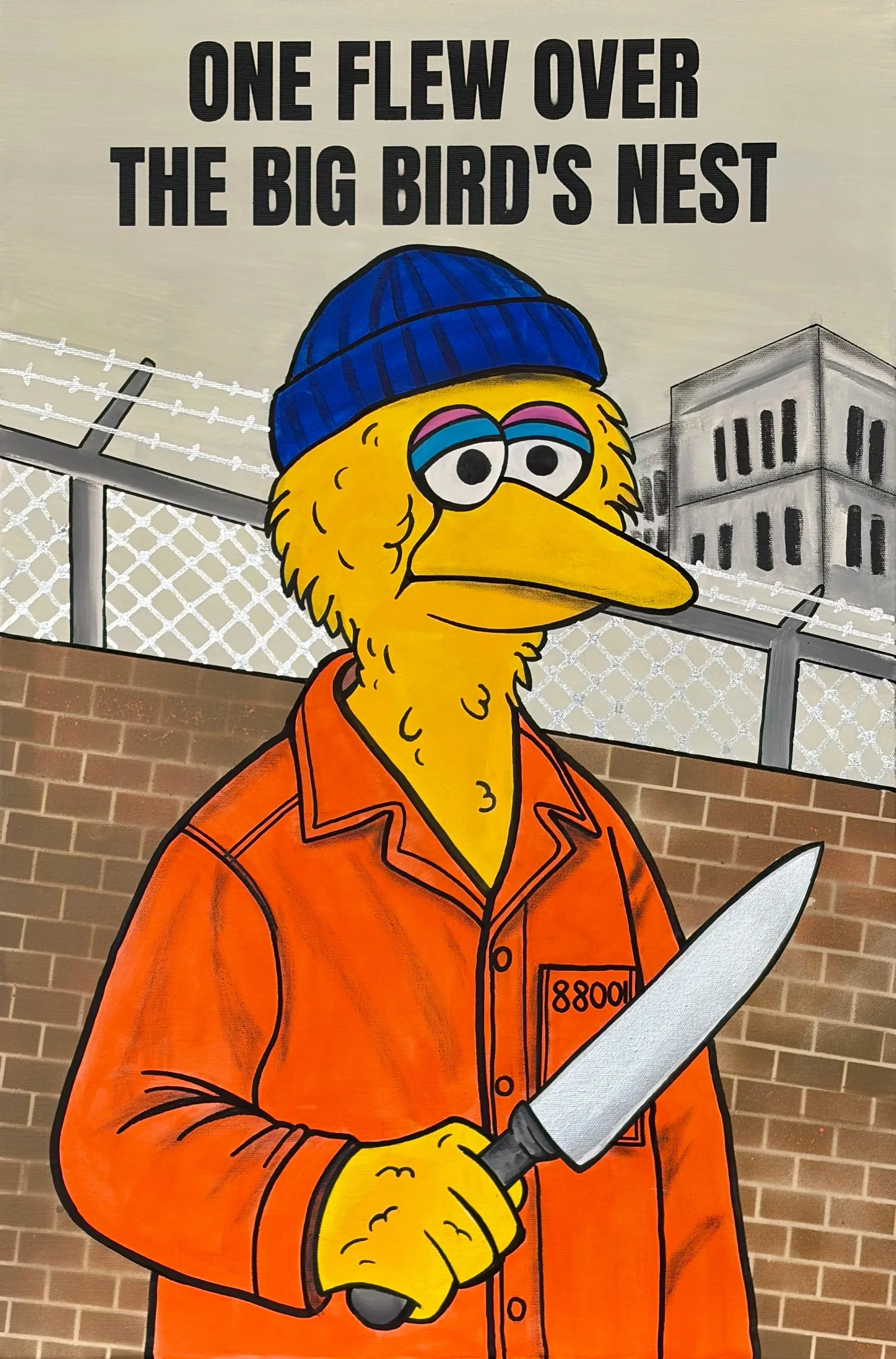 “movie inspired pop art painting featuring cartoon character in prison setting”