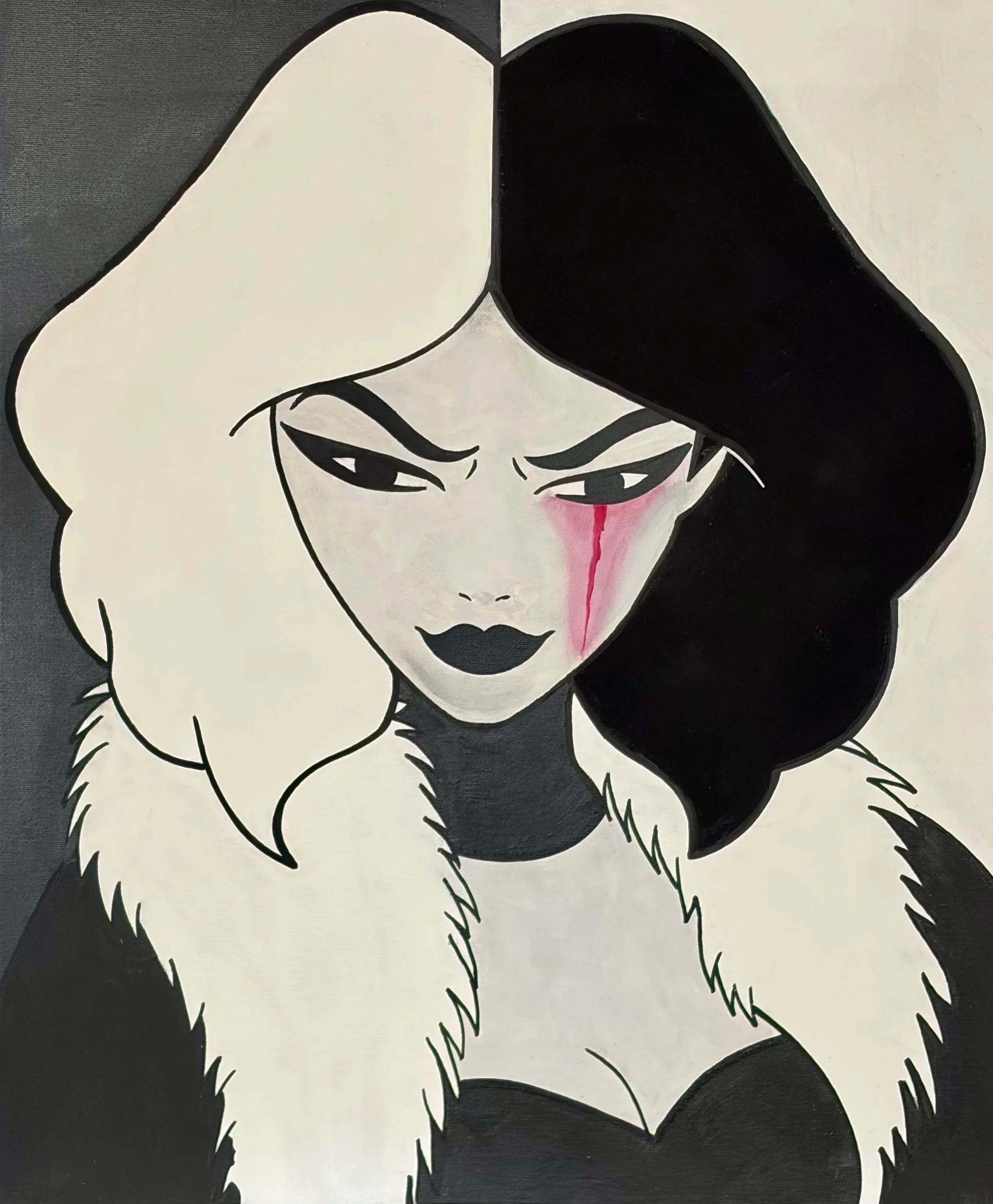 A stylized black and white illustration of a woman with bold makeup, black lipstick, and a piercing gaze. She has black and white hair with a large style, and a fur collar or stole.