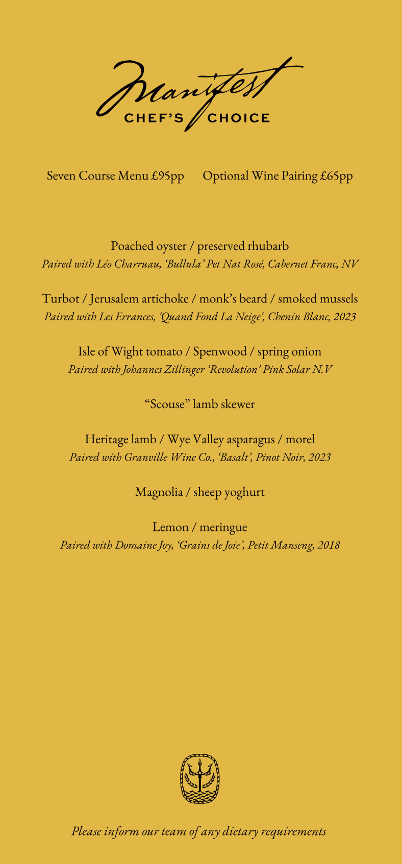 Menu titled 'Manifest Chef's Choice' on a yellow background, listing a seven-course meal with wine pairing options, including seafood, lamb, and desserts, with wine pairings and detailed descriptions.