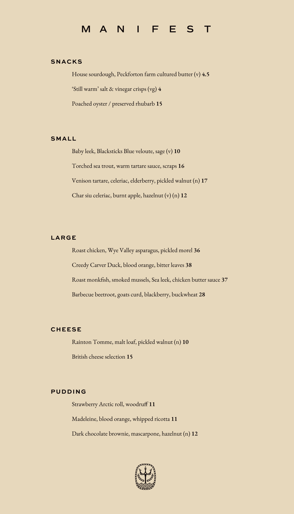 A menu with the heading ‘Manifest’ listing various food and drink items divided into categories: Snacks, Small, Large, Cheese, and Pudding. Each item includes a description and price.