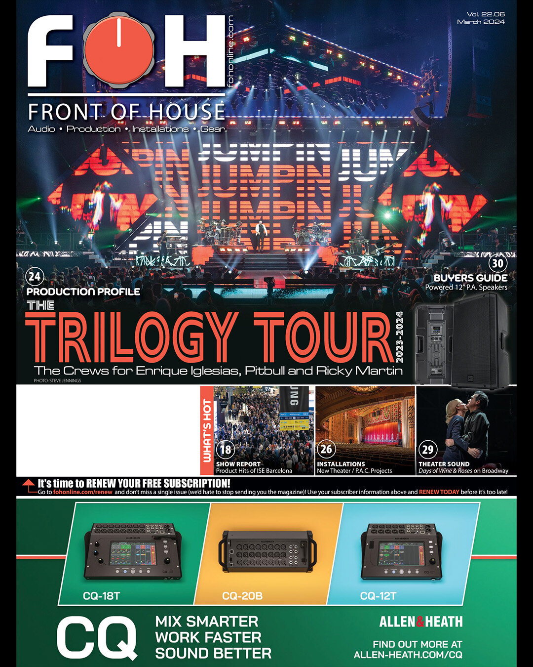 Great Production Profile on the Trilogy Tour in Front of House's March Issue. Congratulations to the whole team, and fantastic work!

👏 Bonus applause to the Integration team for their front page coverage on the #MeyerSound installation at the beaut