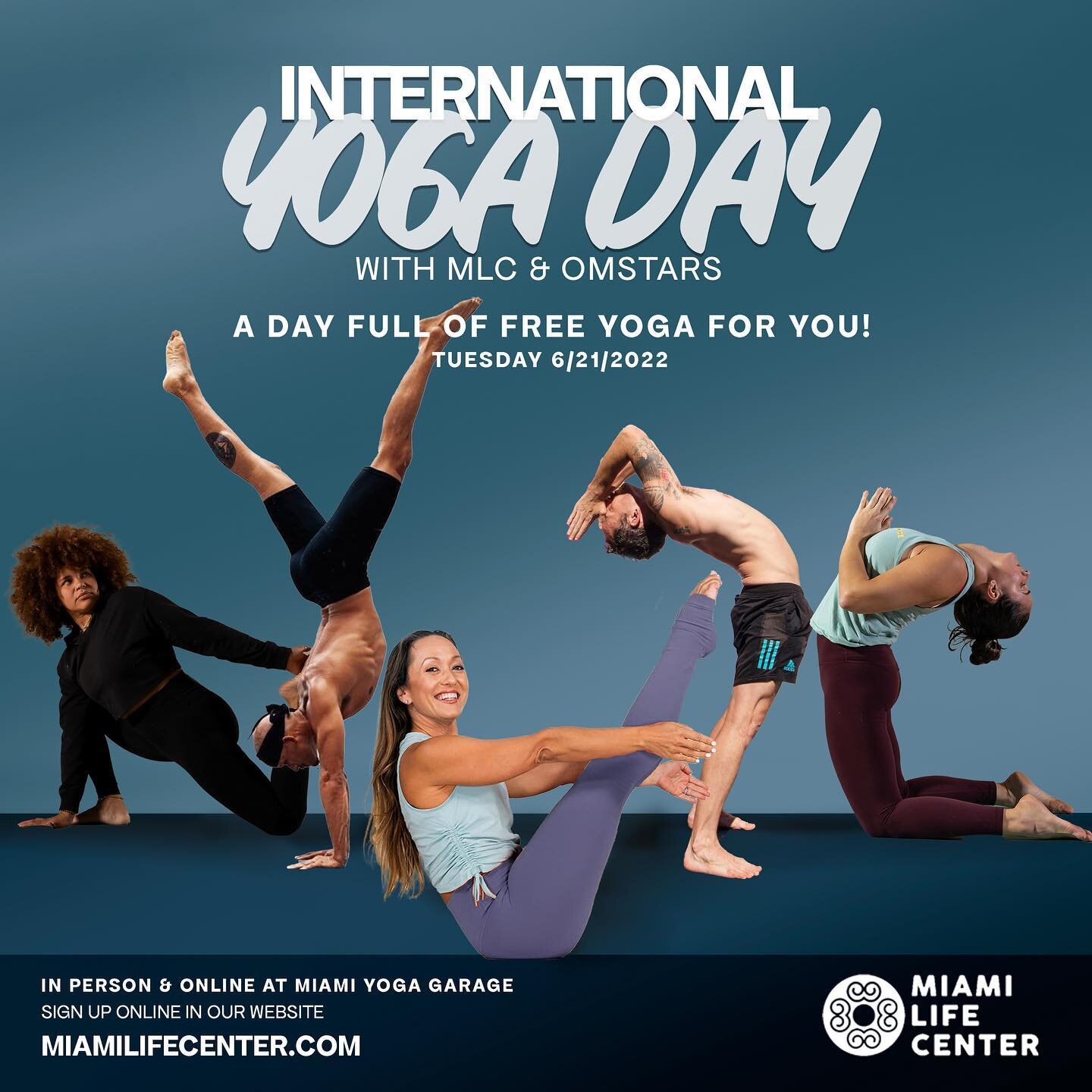 On Tuesday, June 21st, Miami Life Center and Omstars are happy to bring you a full day of free classes and events to celebrate International Yoga Day.
All of our guided classes listed on the schedule will be totally free, and instead we&rsquo;ll be c