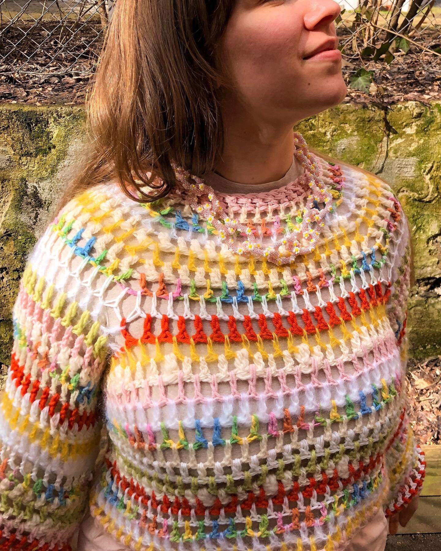 Hello from me &amp; this spring-y sweater I freehanded with lots of beautifully textured wools, cottons and mohairs &amp; the pajama pants that I&rsquo;ve been wearing everywhere like they&rsquo;re real pants!!

Happy spring. 🌷

#crochet #crochetlov