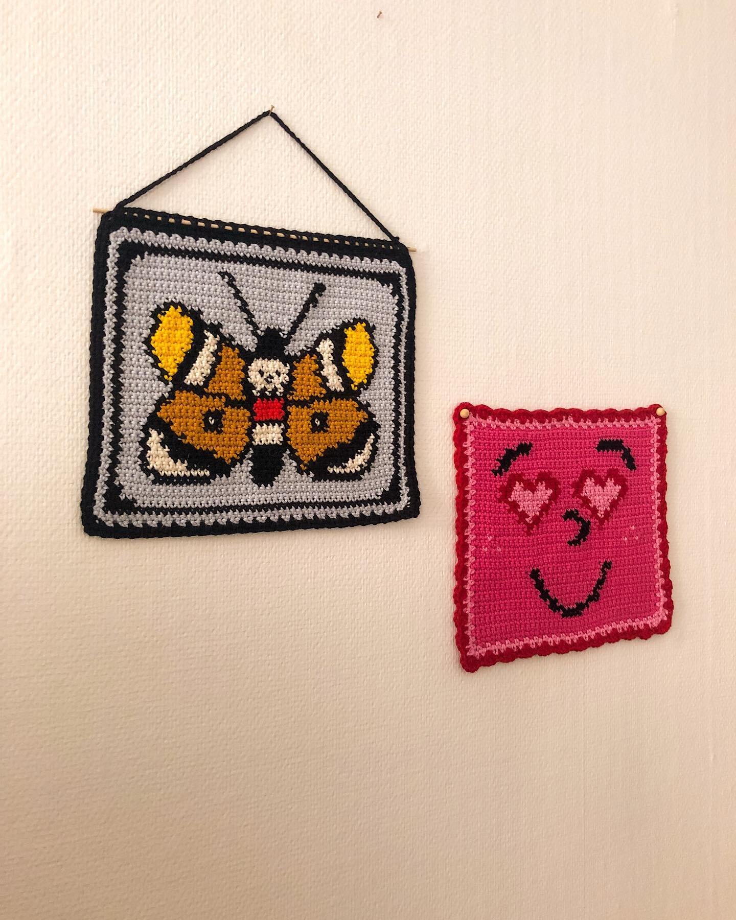 I&rsquo;ve been on a crochet tapestry making kick b/c how else would you fill a blank white wall??

Death moth pattern by @destiny.makes and So Emotional heart eyes by @ty_bailie 

#tapestrycrochet #crochet #intarsiacrochet #graphgan #crochetlove