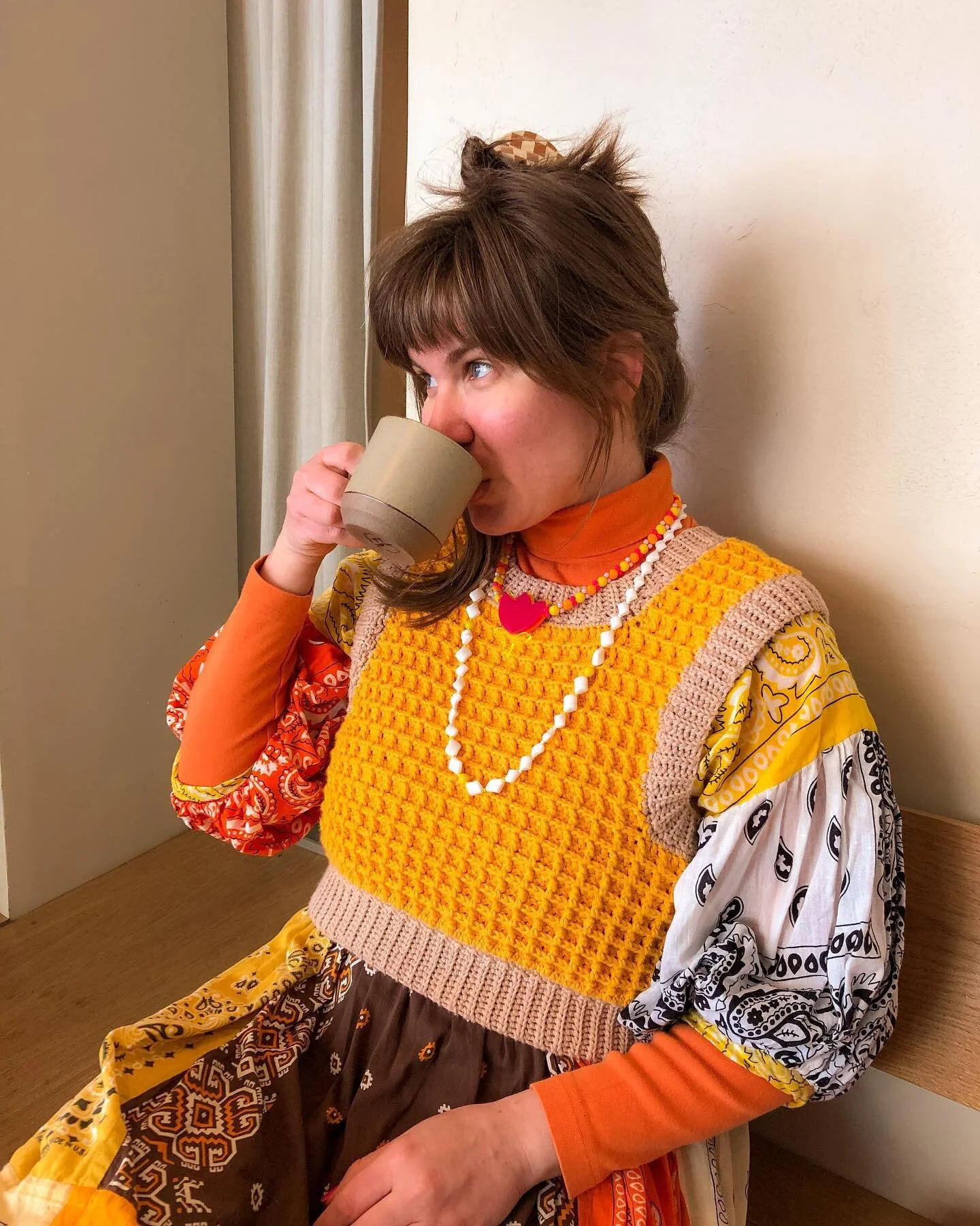 Yesterday was my birthday so here I am in my birthday suit (a waffle-themed vest i designed for an upcoming video and a bandana dress feat. some vintage bandanas from my momma!)

#memademay #memadeootd #crochet #crochetlove #upcycled