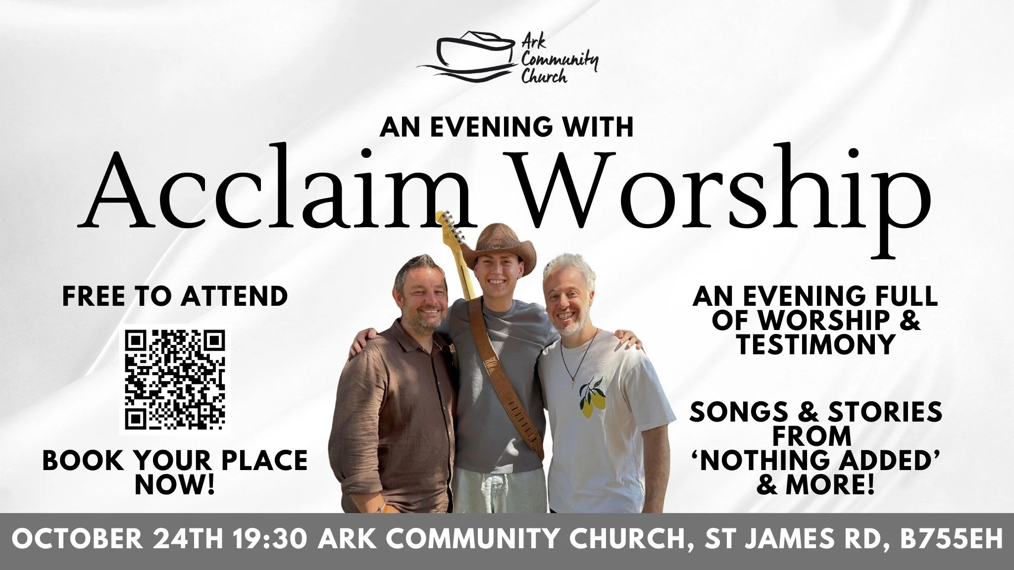 We are super excited to announce our first ever live worship event! An Evening With Acclaim Worship. The three of us will be joined by an amazing band as we play through our latest album and other worship classics as we give God all the glory and wor