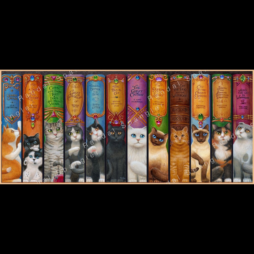 5D Cat Bookshelf Diamond Rhinestones Painting Randal Spangler Wall