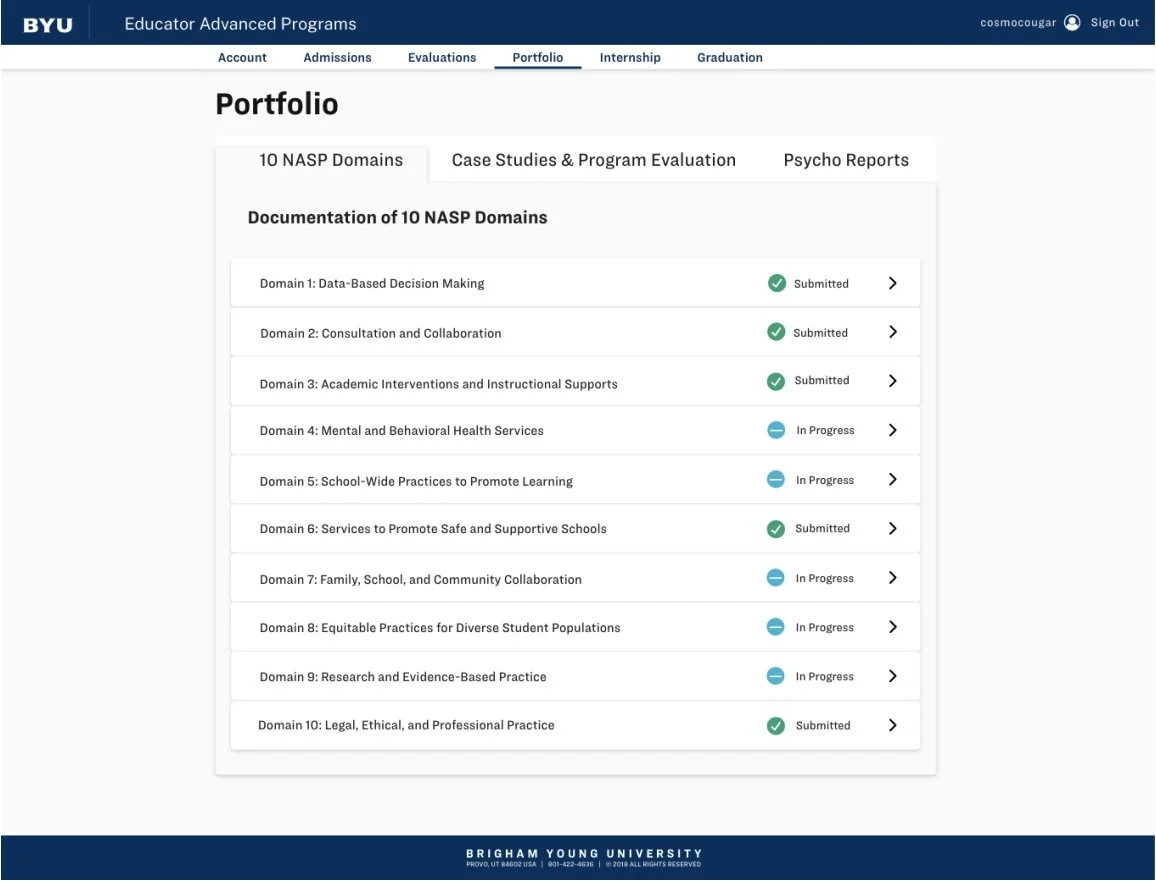 Each student in the School of Psychology has to complete their portfolio to graduate. Students have to upload files and reports to check off each of their 10 NASP Domains.  