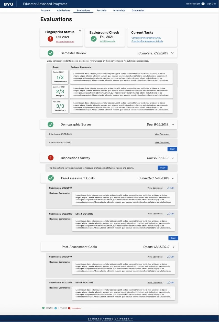 The evaluation page is where students go to take assessments and complete important program surveys.