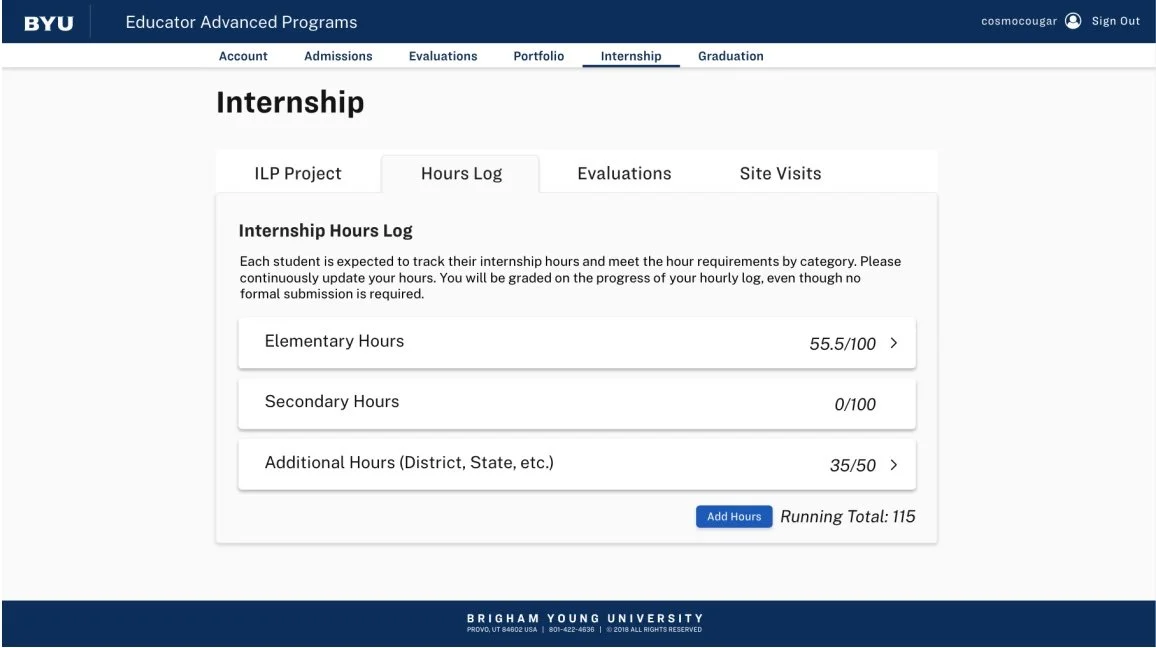 In the School of Leadership, each student has to complete a certain number of hours interning at different kinds of schools in order to graduate. I created this accordion style form where they can go in and submit their hours. 