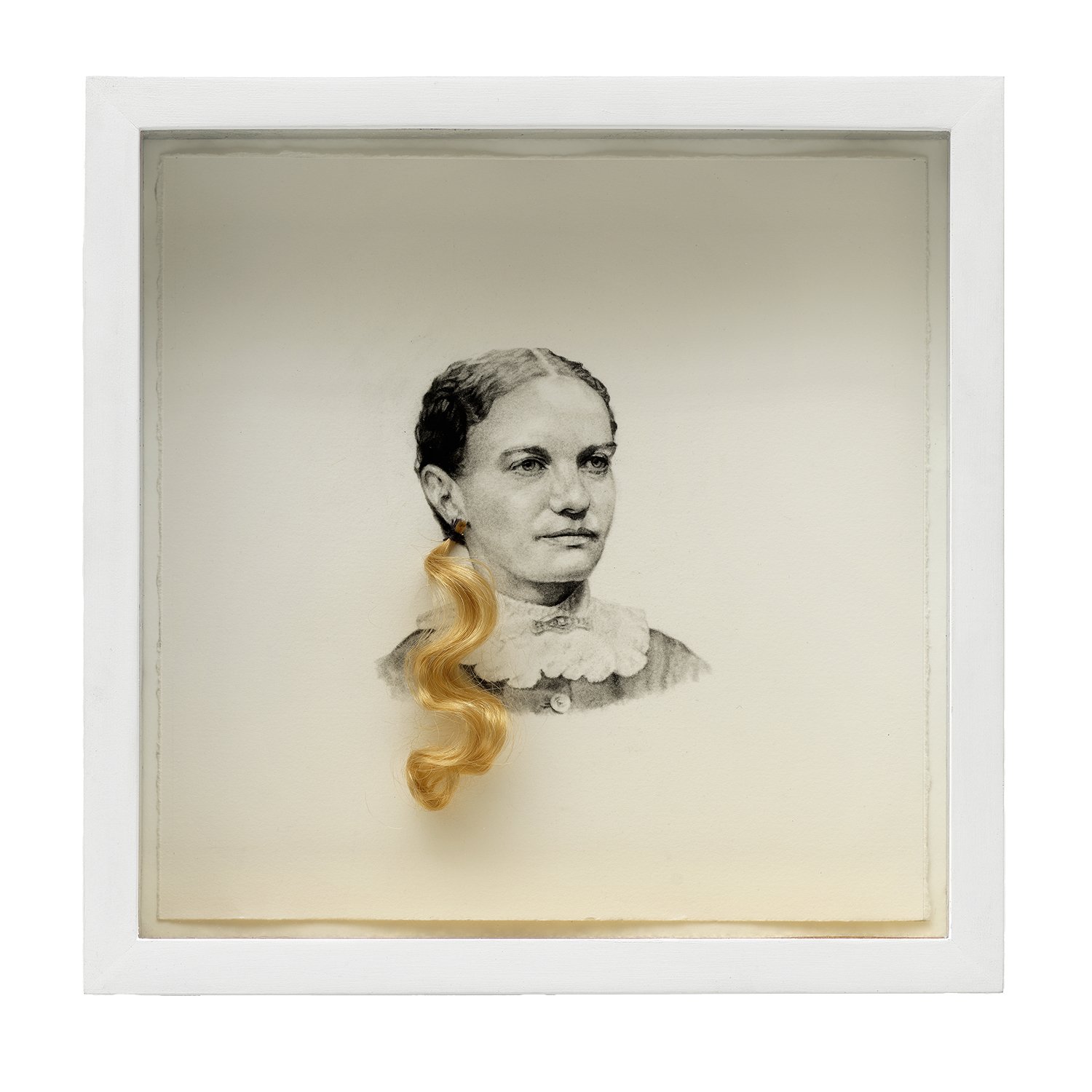 SMILE! #2, 2023, multi-media (charcoal on rag paper, synthetic hair, silver leaf, glitter paper), 13x13x3”