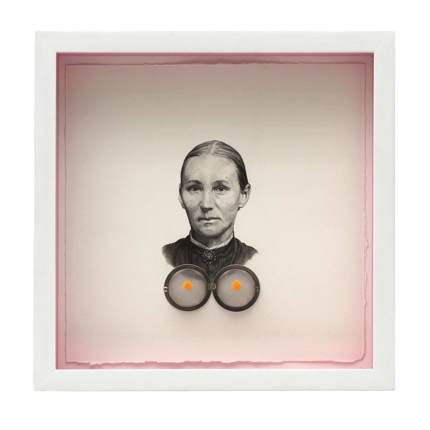 SMILE! #5, 2023, multi-media (charcoal on paper, metal tea ball, felt, acrylic paint), 13x13x3”