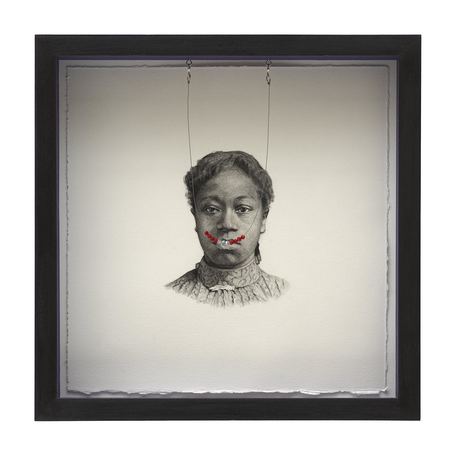 SMILE! #3, 2023, multi-media (charcoal on rag paper, jewelry wire, semi-precious beads, acrylic paint), 13x13x3”