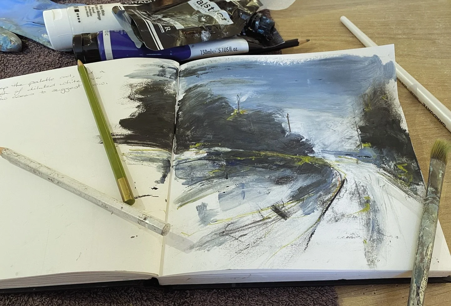 Using my time wisely whilst I work in the gallery during my exhibition ’Land & Emotion’ @snapemaltings Planning new work using my sketchbook, keeping it simple with a cool palette. 
#sketchbook #planning #newwork #reflecting #finding