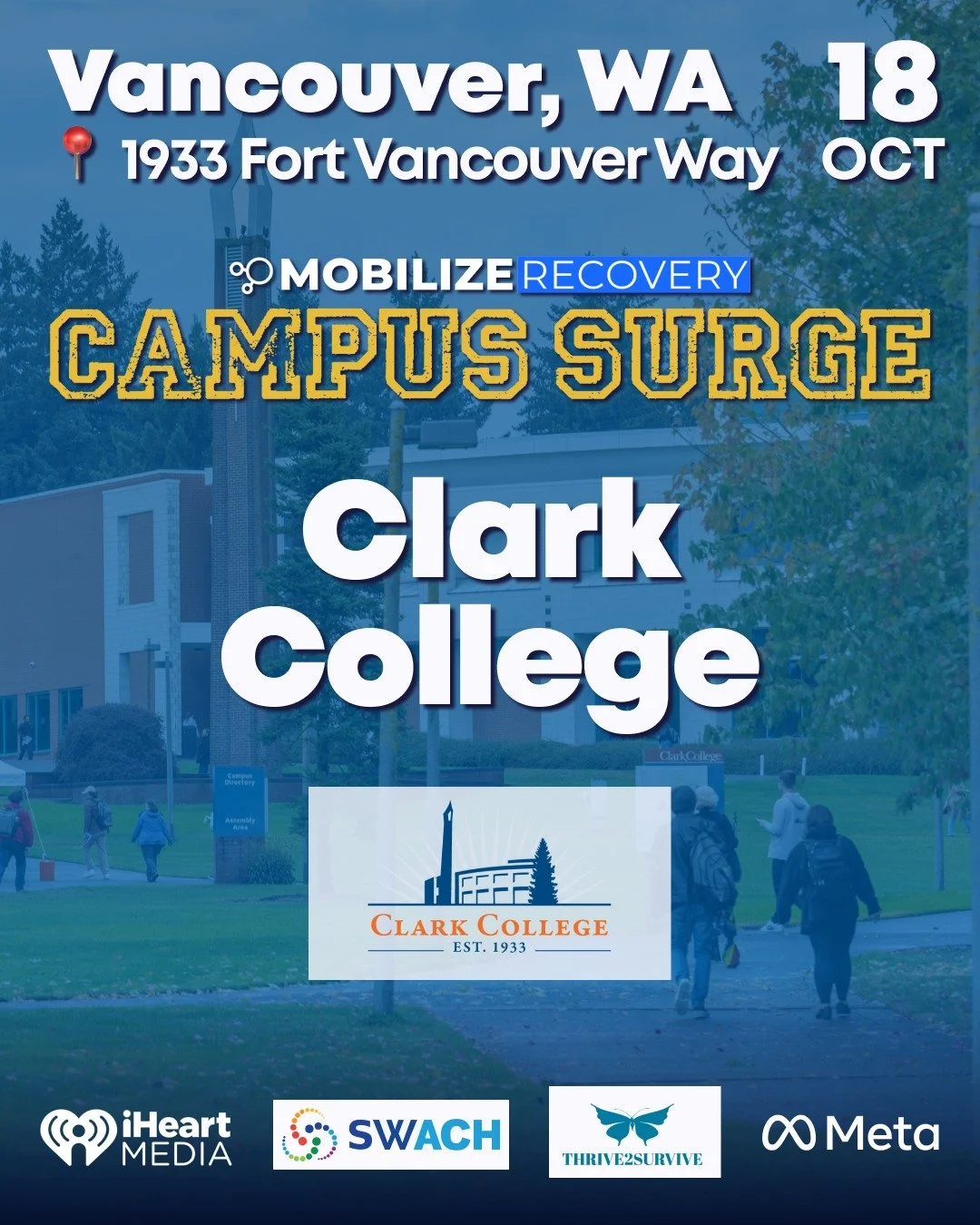 💙 Tomorrow’s the day! Join us at Clark College for Mobilize Recovery’s Campus Surge 2025 — a day of connection, empowerment, and recovery advocacy.
🗓 Saturday, Oct. 18
🕚 11 AM – 2 PM
📍 Gaiser Student Center, Clark College