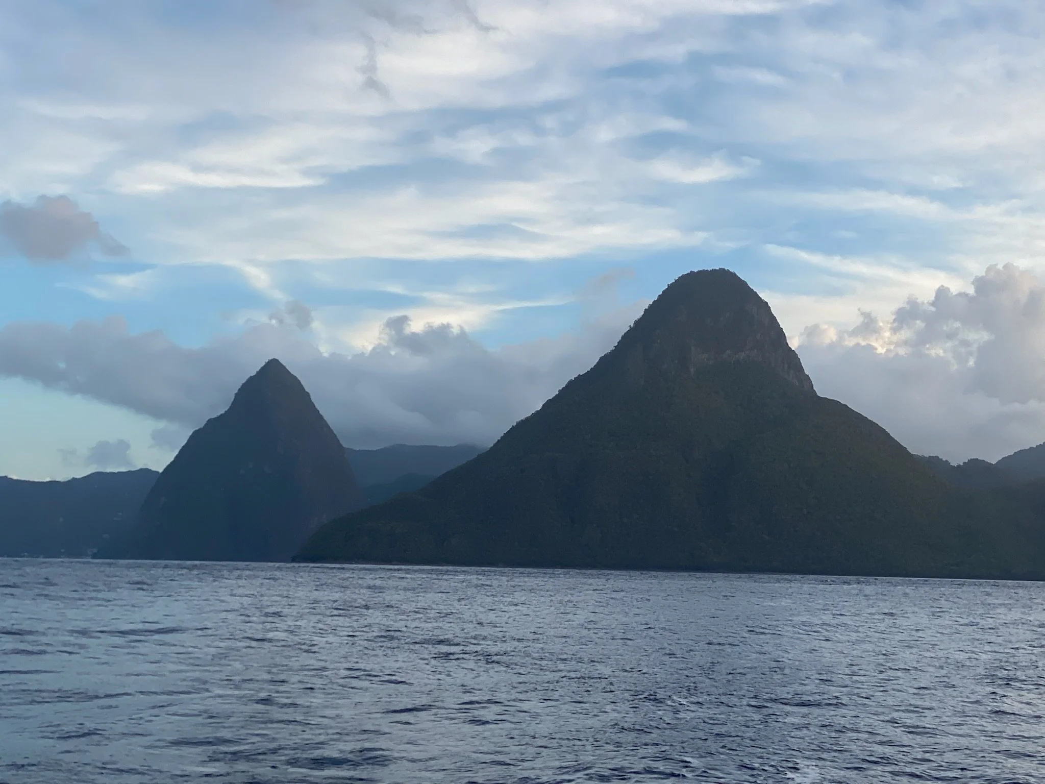 Departing St. Lucia with the Pitons in the rear-view.