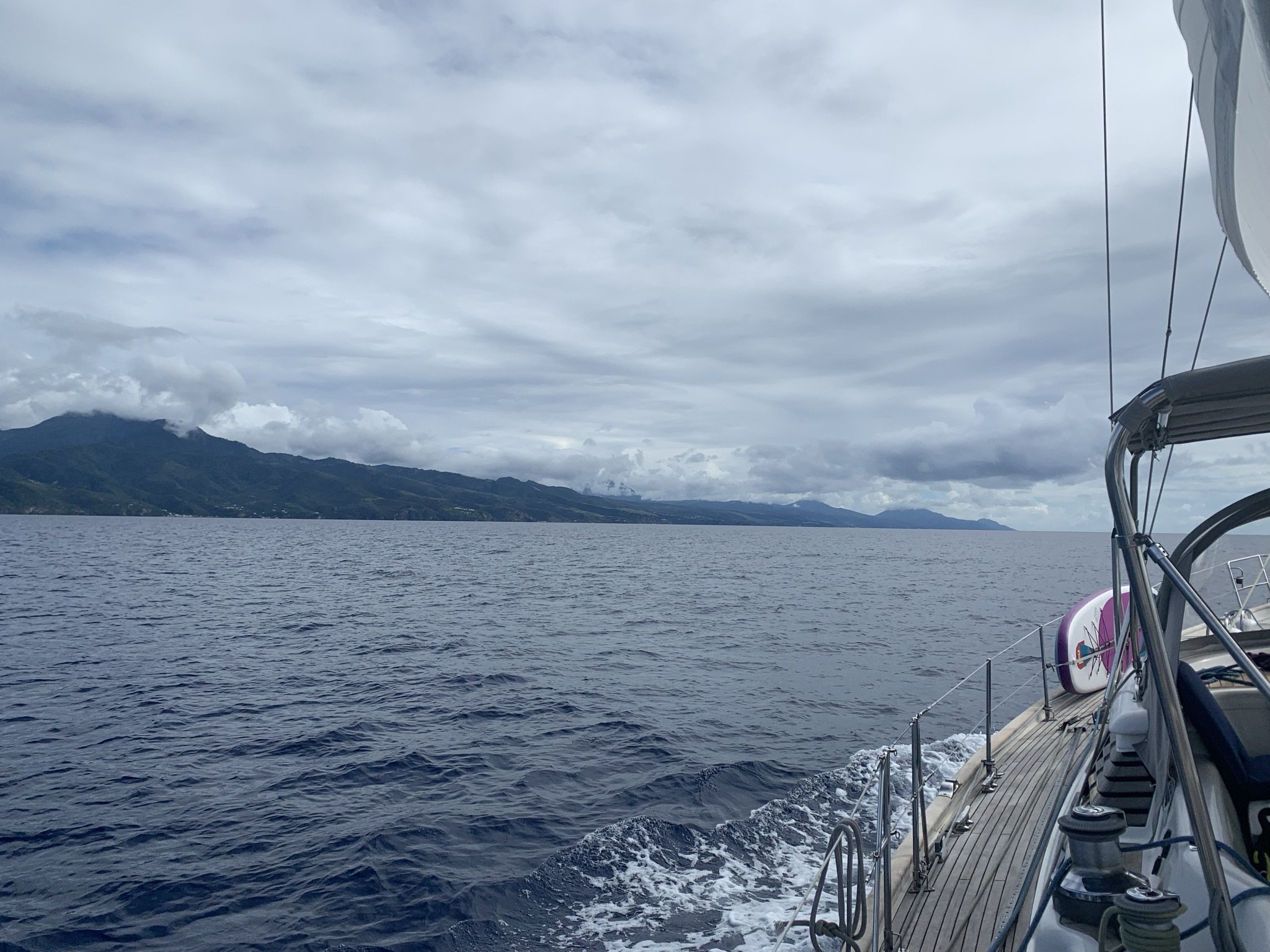 Northern end of Dominica in sight- 28nm to our pin-pointed anchorage in Roseau Roads.
