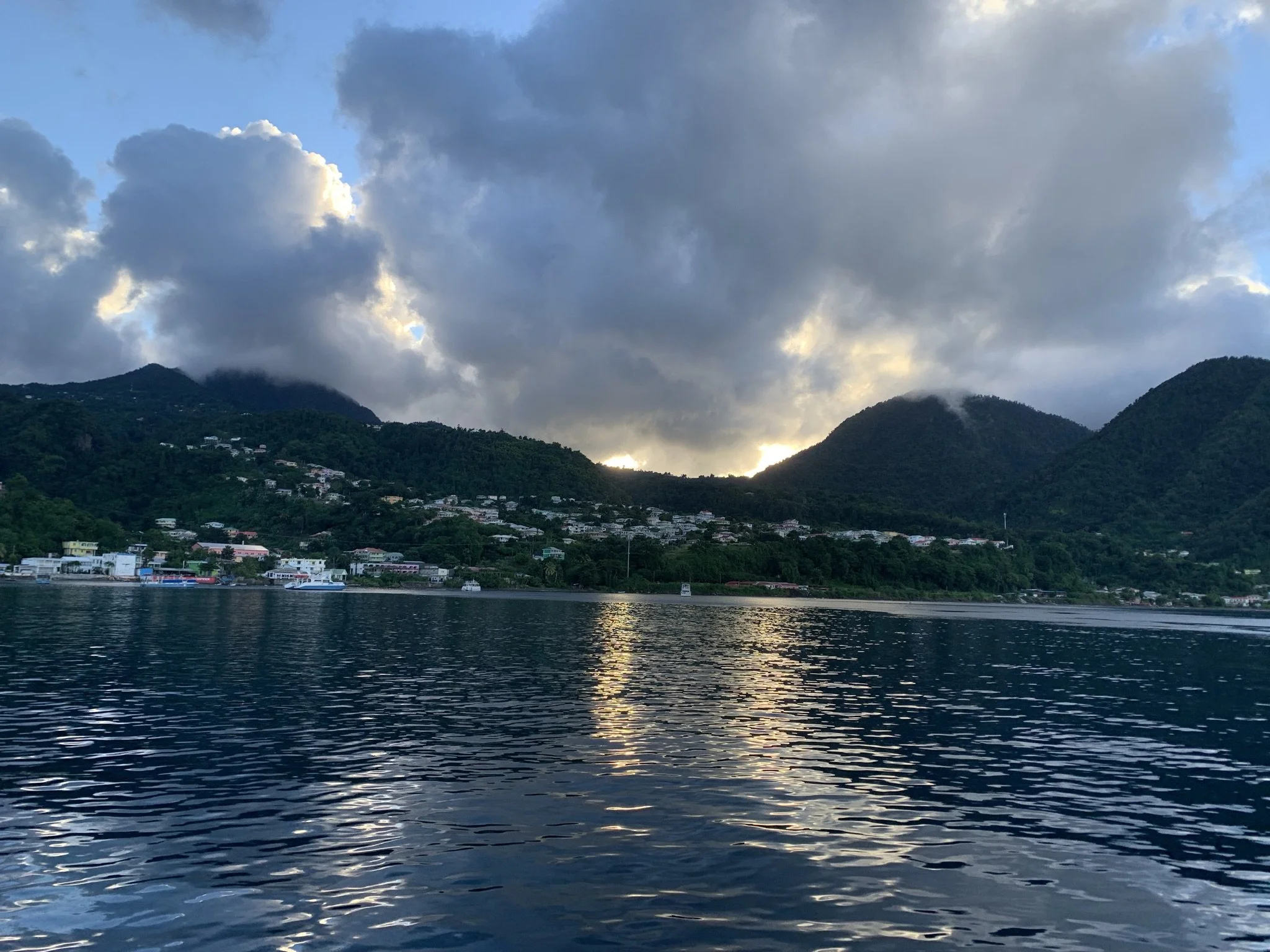 Exiting our anchorage in Saint Pierre. Once referred to as "Paris of the Caribbean", Saint-Pierre was completely destructed by a volcanic eruption of Mount Pelée in 1902.