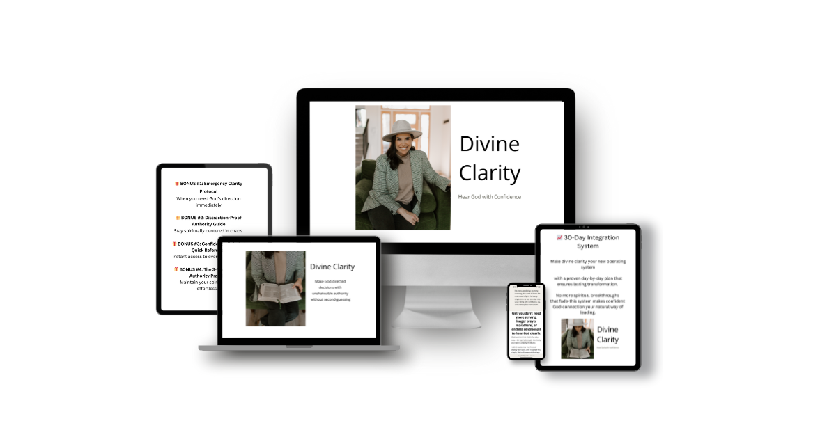 Multiple electronic devices displaying a website and digital content about 'Divine Clarity,' including a desktop, laptop, tablet, and smartphones.