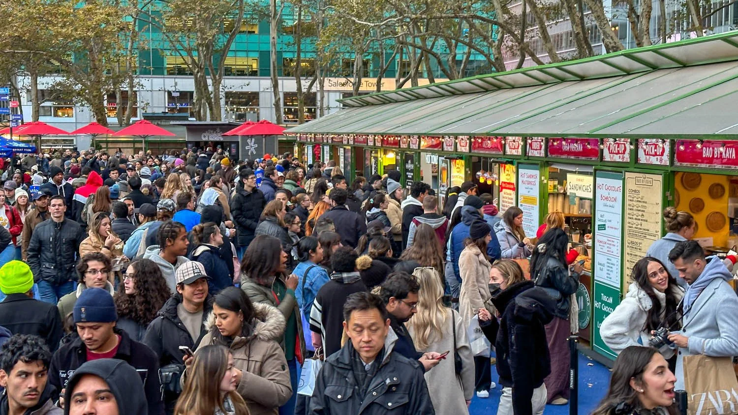 A crowded Bryant Park at Christmas
