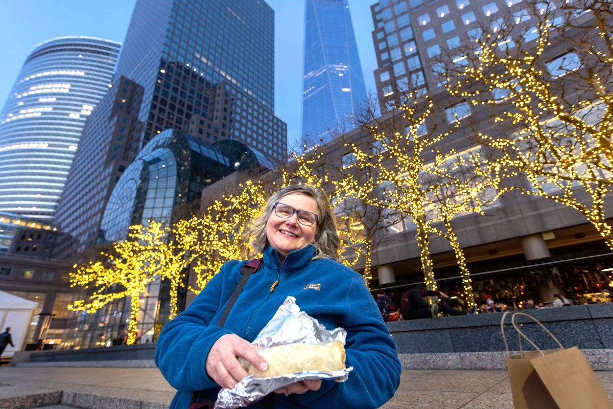 Debbie having a snack outside Brookfield Place.