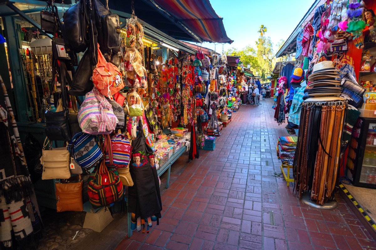 Bags for sale at stalls on Olvera Street