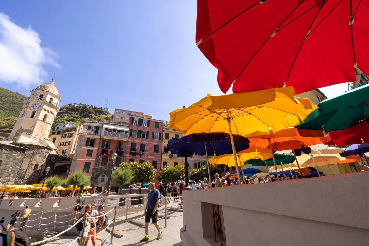 Colorful restaurant umbrellas in Vernazza